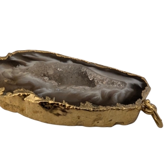 DRUZY Vintage Agate Natural Quartz Gold Dipped Necklace Pendent - Picture 8 of 10